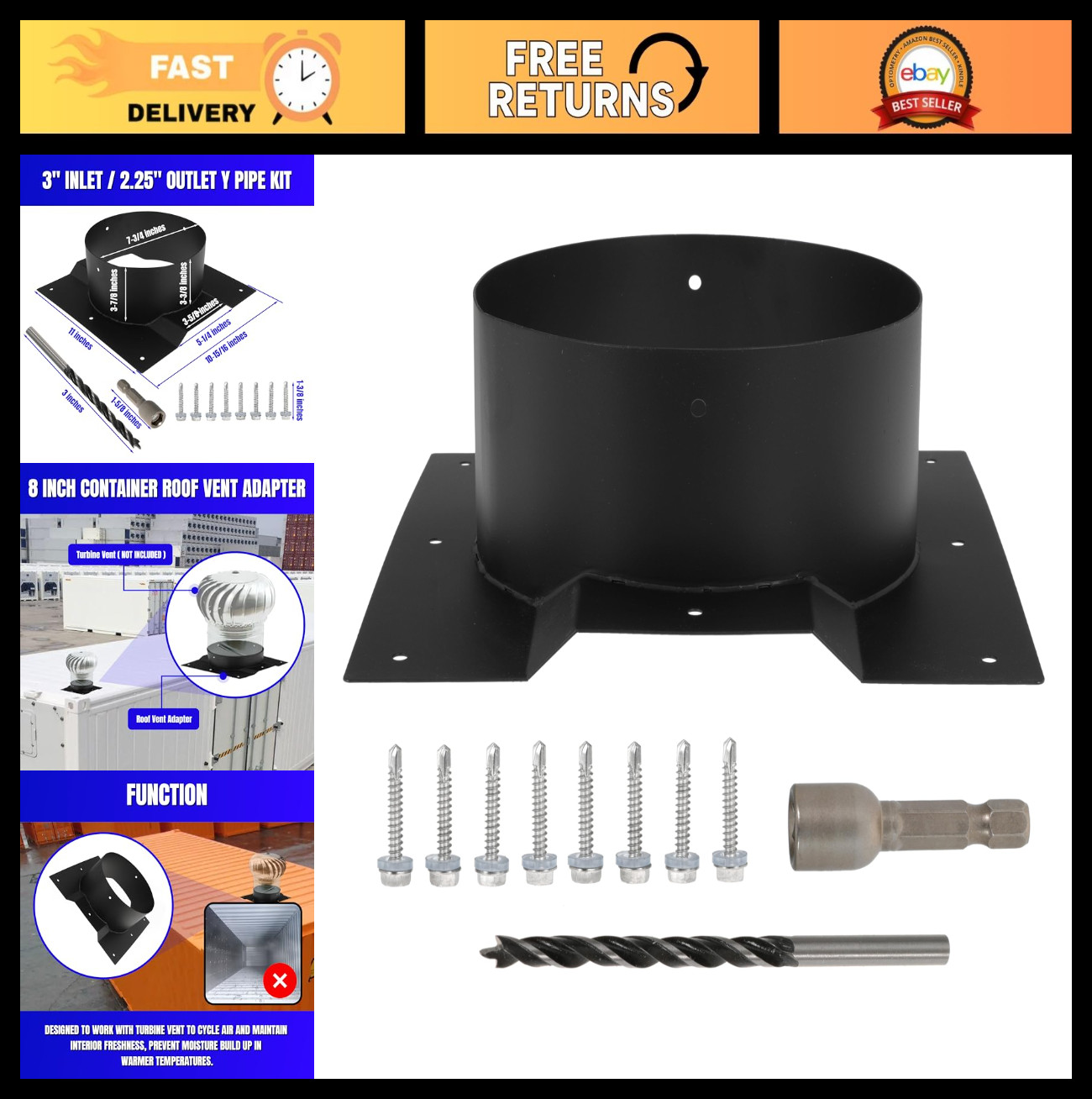 8″ Shipping Container Roof Vent Adapter for Whirlybird, Chimney Caps & Vents – B