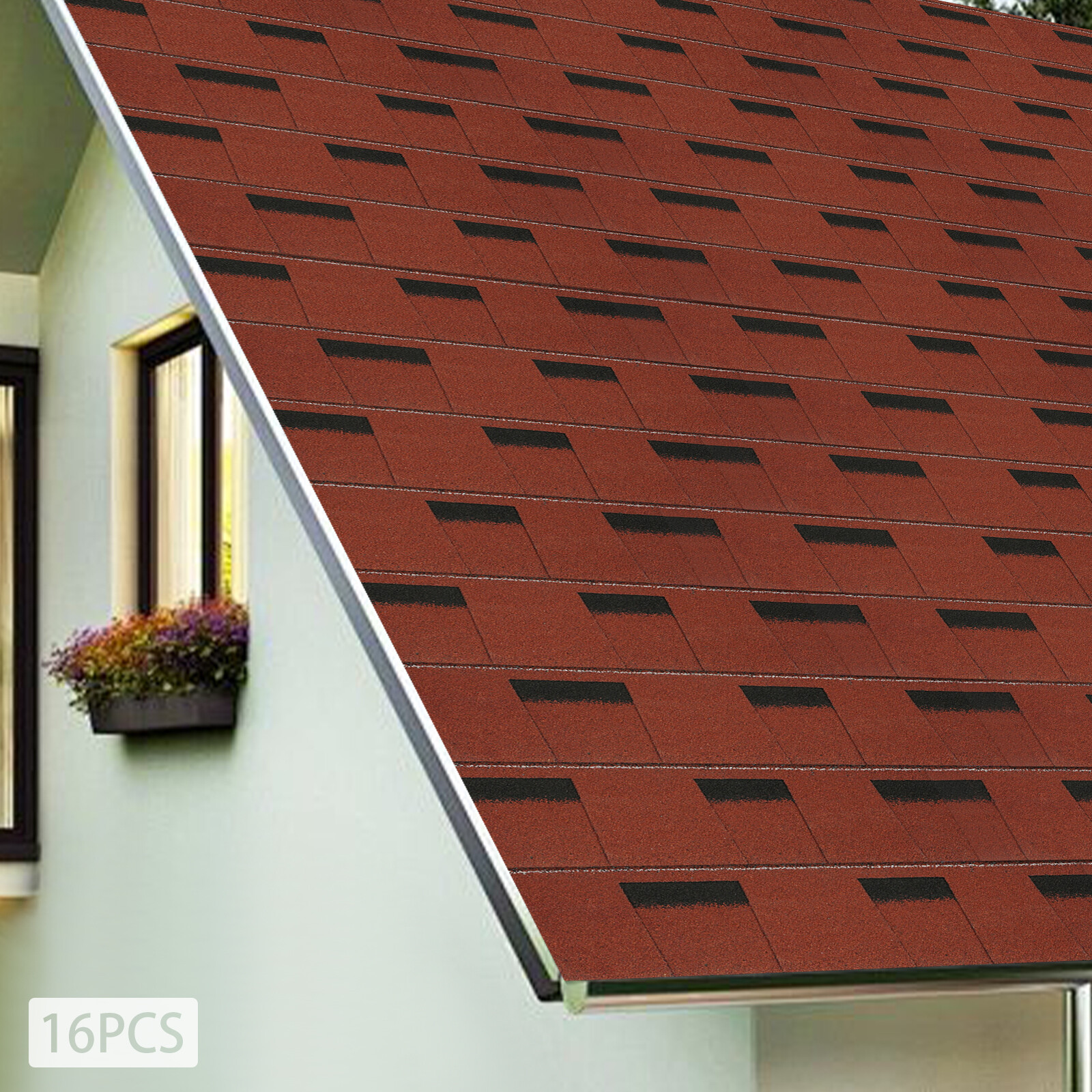 16Pcs Waterproof Asphalt Roof Shingles 5.3mm Thickness Rectangular Tiles Red