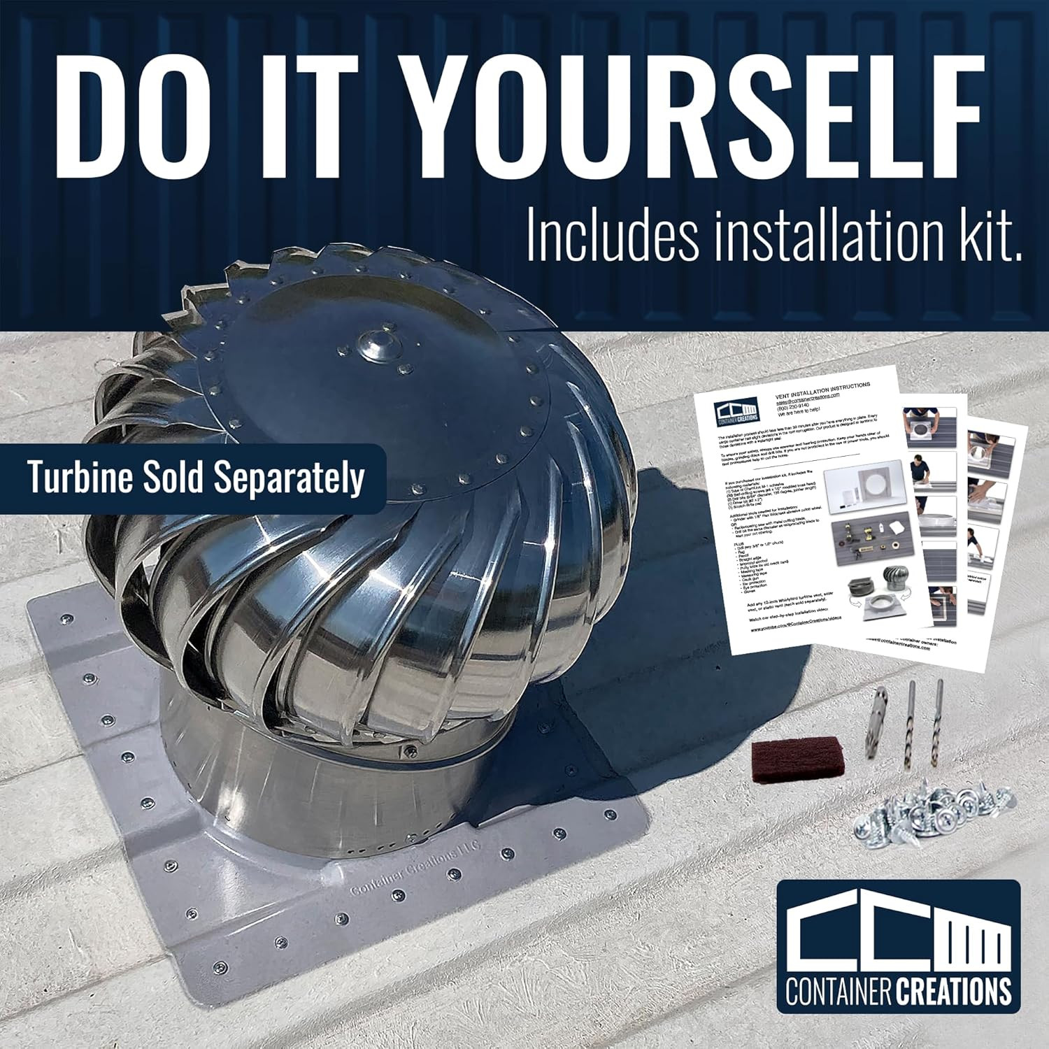 Adaptair Shipping Container Roof Vent, Add 12-Inch Whirlybird Turbine or Solar V